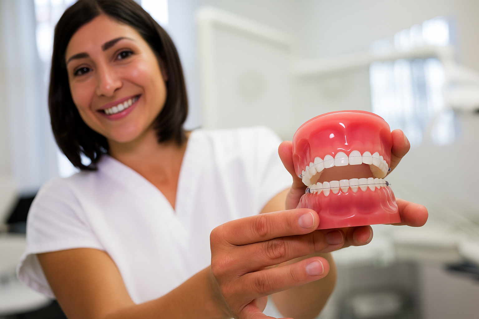 nurse showing denture for preventative dentistry in pittsfield ma